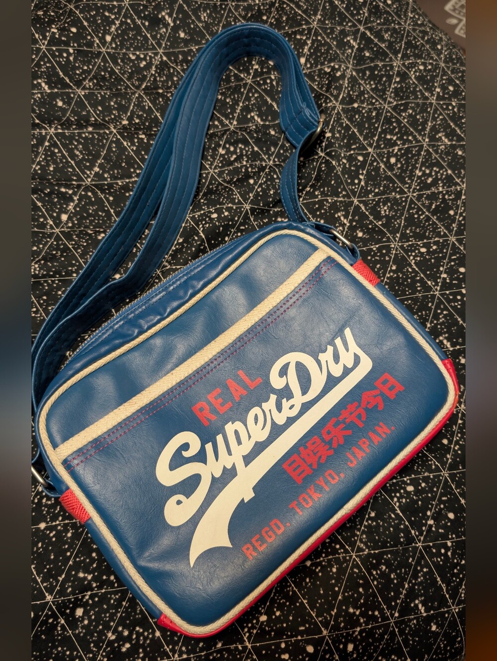 Superdry Blue Crossbody Bag with White and Red Accents